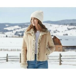 Montanaco Faux Suede Fur Trimmed Toggle Jacket Womens S Beige Winter Warm Chic
